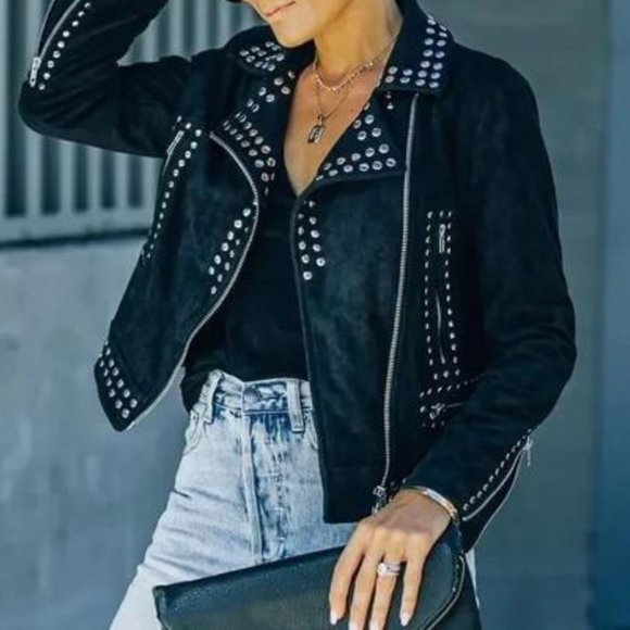 Saint Pocketed Studded Faux Suede Jacket - Picture 2 of 7